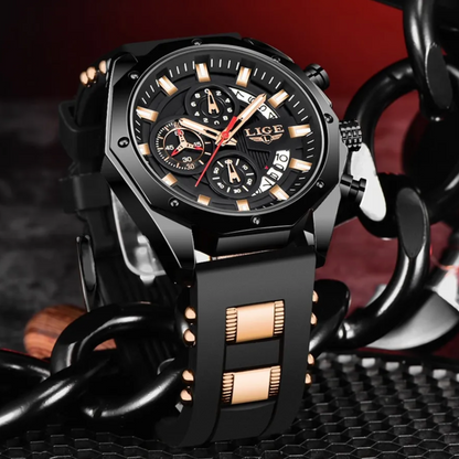 Montre LIGE Cadran 46mm Noir mouvement Quartz avec Chronographe Résistante à l'eau