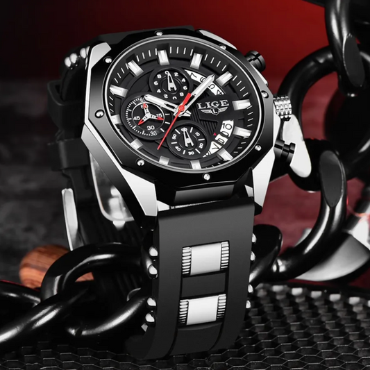 Montre LIGE Cadran 46mm Noir mouvement Quartz avec Chronographe Résistante à l'eau