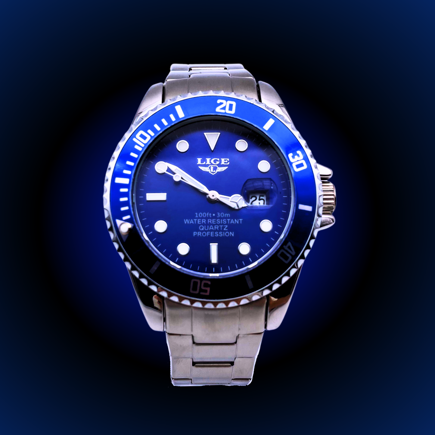 Montre LIGE Cadran 42mm Bleu mouvement Quartz Acier inoxydable Résistante à l'eau