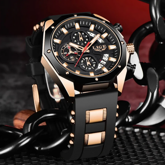 Montre LIGE Cadran 46mm Noir mouvement Quartz avec Chronographe Résistante à l'eau