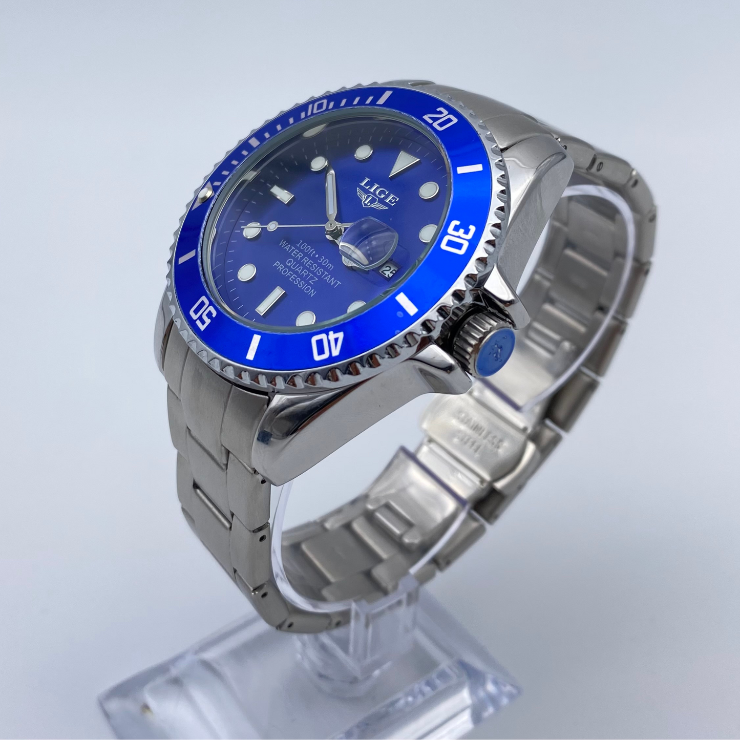 LIGE watch 42mm dial Blue Quartz movement Stainless steel Water resistant 