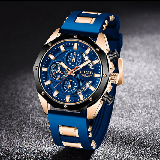 Montre LIGE Cadran 46mm Bleu mouvement Quartz avec Chronographe Résistante à l'eau