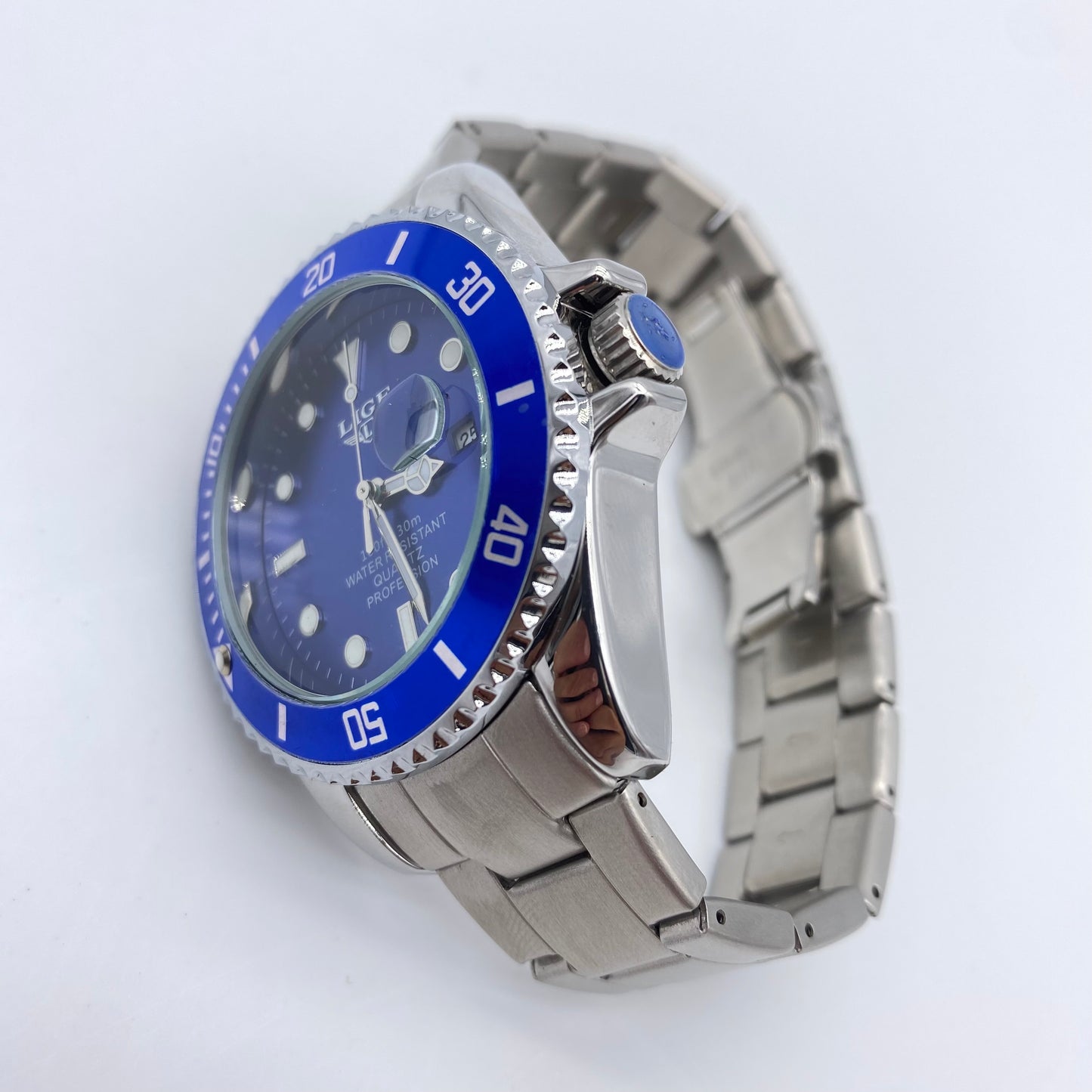 Montre LIGE Cadran 42mm Bleu mouvement Quartz Acier inoxydable Résistante à l'eau