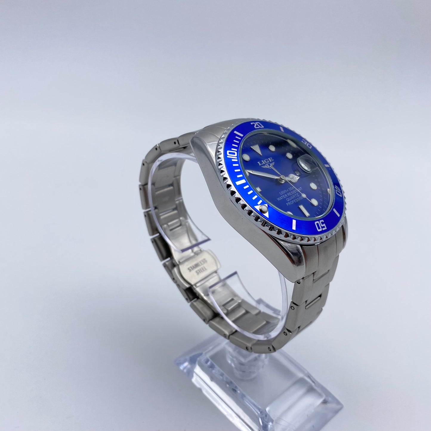 Montre LIGE Cadran 42mm Bleu mouvement Quartz Acier inoxydable Résistante à l'eau