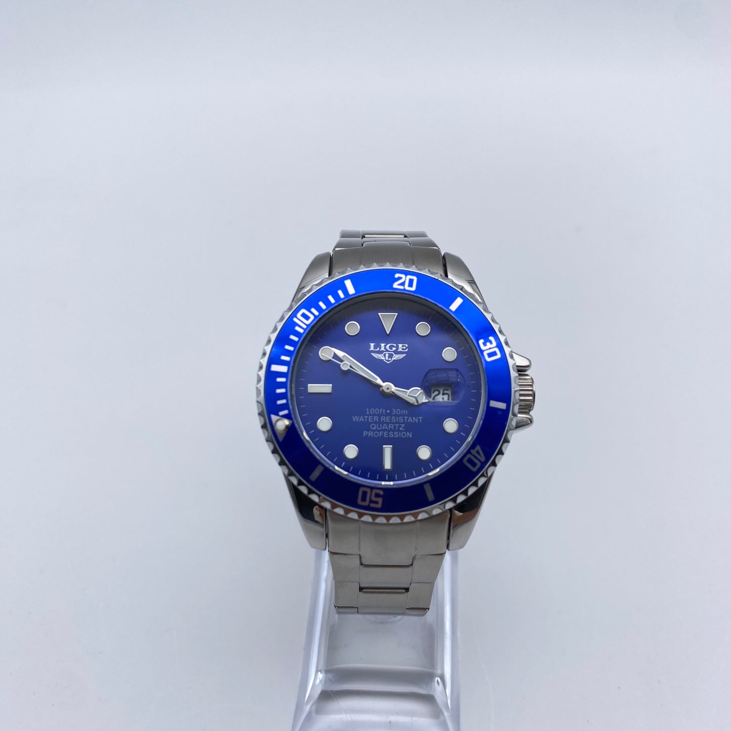 LIGE watch 42mm dial Blue Quartz movement Stainless steel Water resistant 