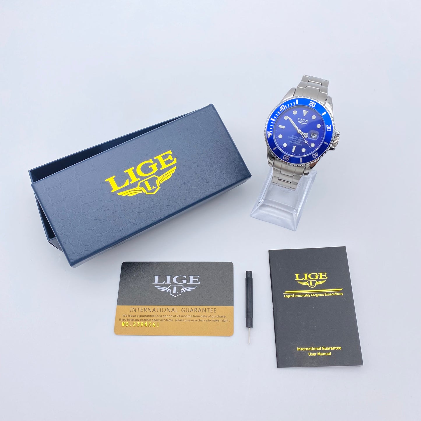 LIGE watch 42mm dial Blue Quartz movement Stainless steel Water resistant 