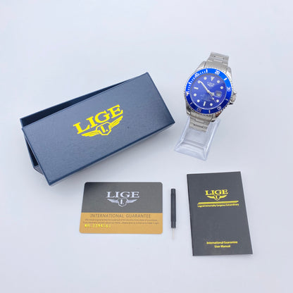 LIGE watch 42mm dial Blue Quartz movement Stainless steel Water resistant 