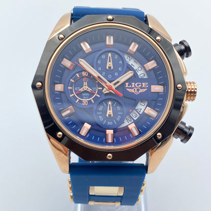 Montre LIGE Cadran 46mm Bleu mouvement Quartz avec Chronographe Résistante à l'eau