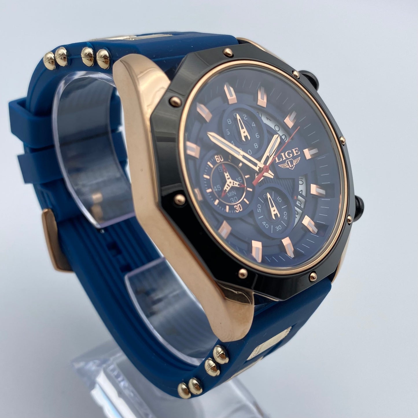 Montre LIGE Cadran 46mm Bleu mouvement Quartz avec Chronographe Résistante à l'eau