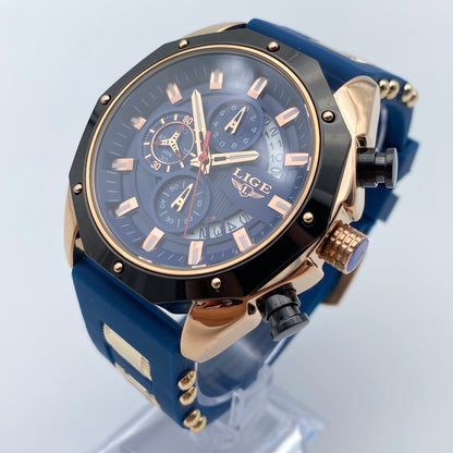 Montre LIGE Cadran 46mm Bleu mouvement Quartz avec Chronographe Résistante à l'eau