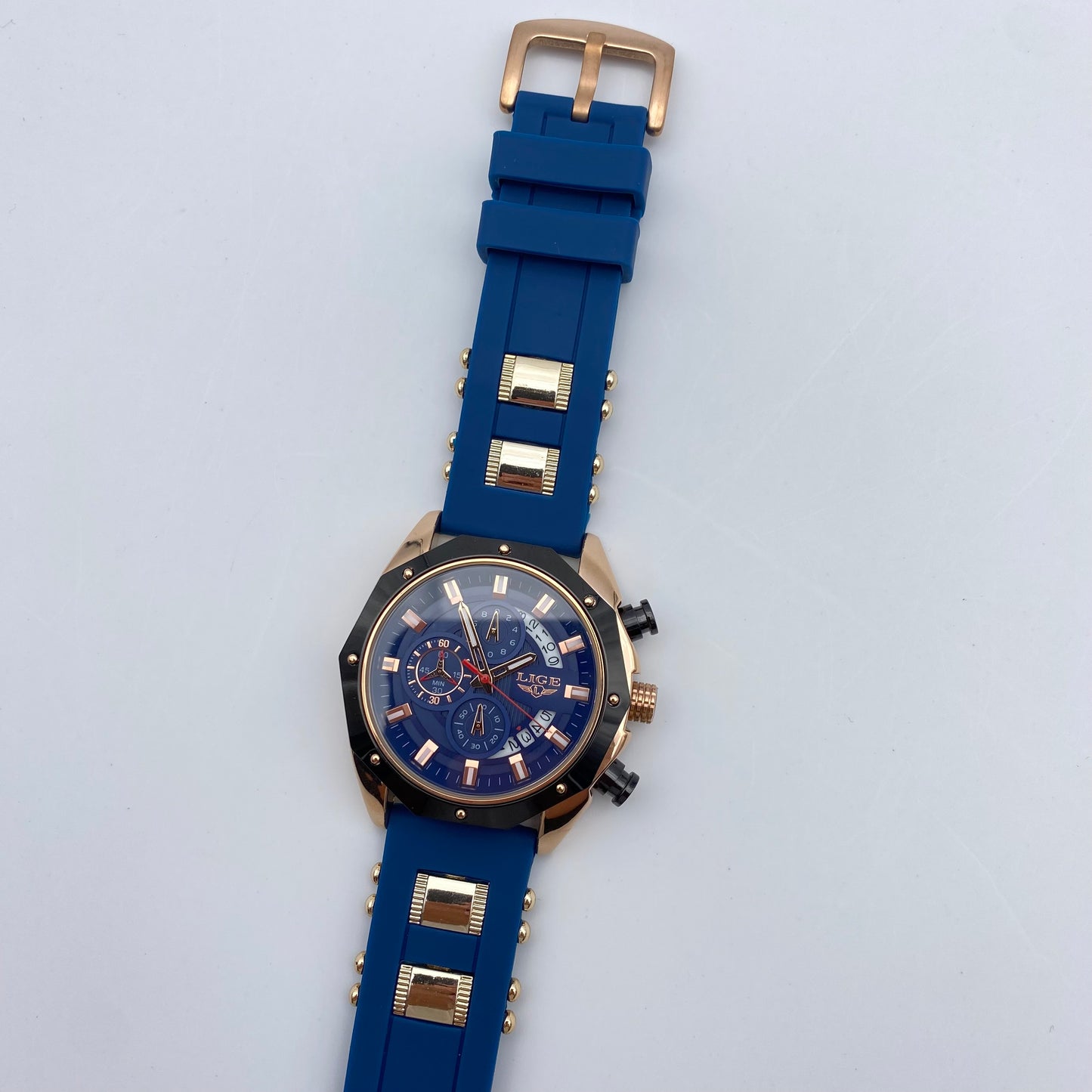 LIGE Watch Blue Dial 46mm Quartz Movement with Chronograph Water Resistant 