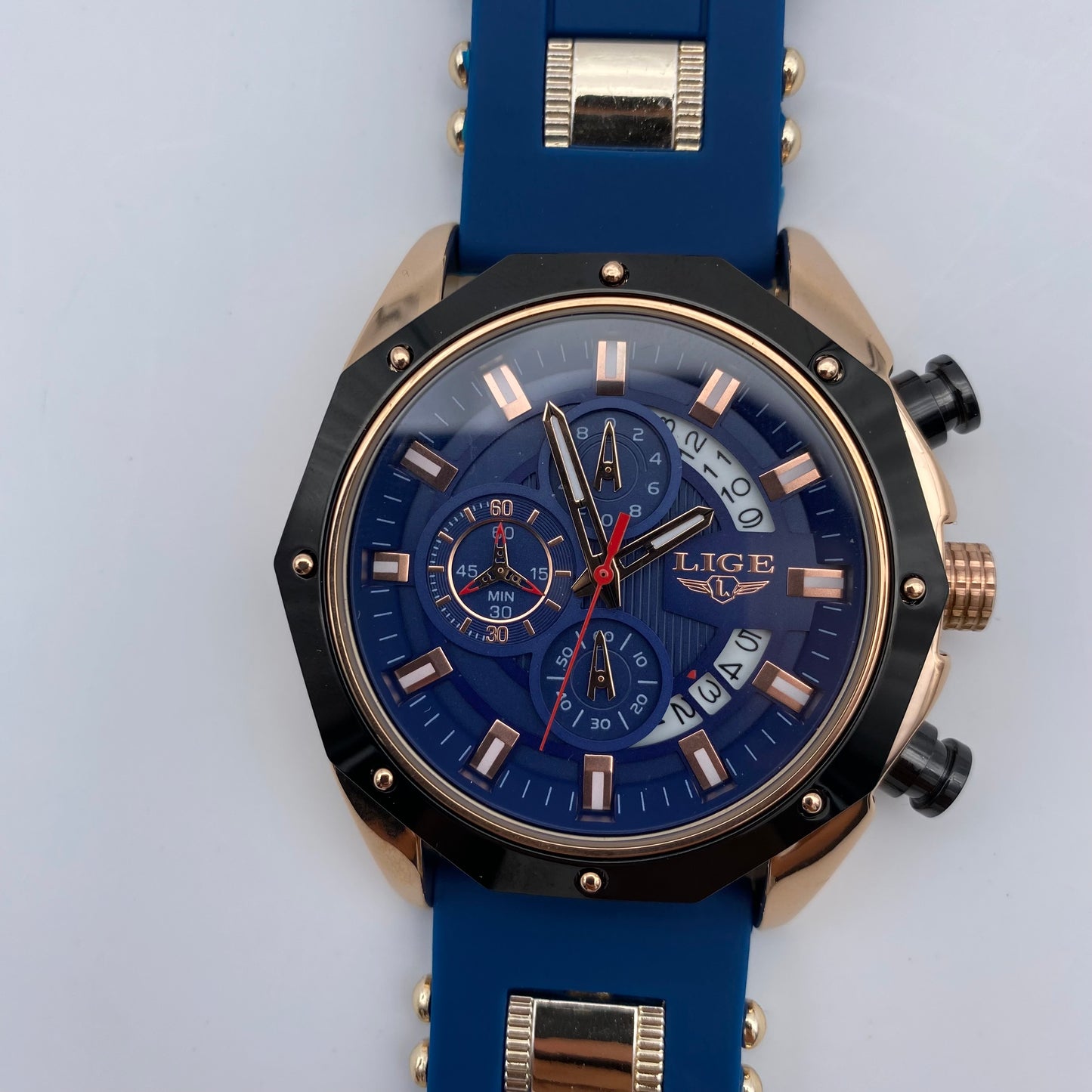 Montre LIGE Cadran 46mm Bleu mouvement Quartz avec Chronographe Résistante à l'eau