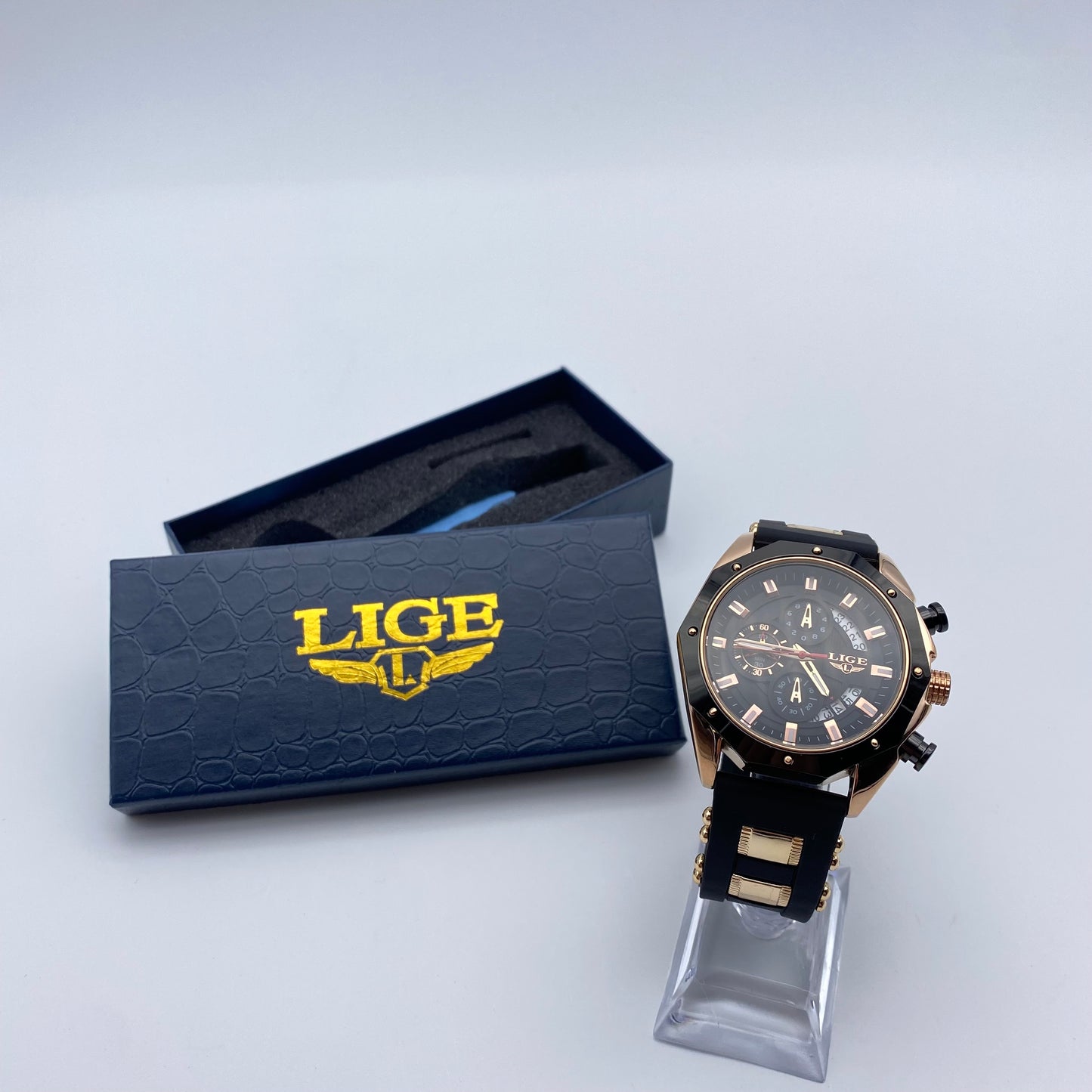 LIGE Watch 46mm Black Dial Quartz Movement with Chronograph Water Resistant 