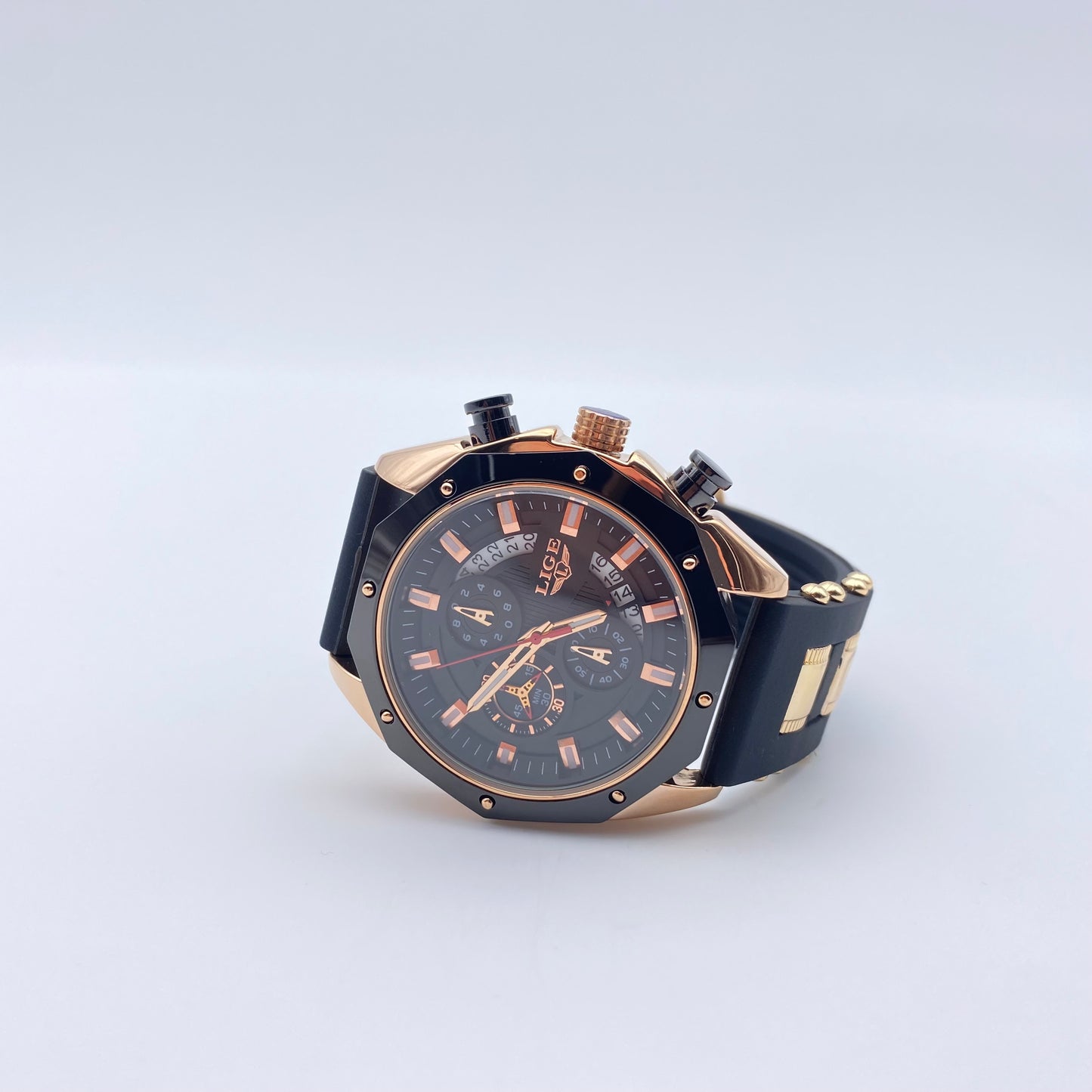 Montre LIGE Cadran 46mm Noir mouvement Quartz avec Chronographe Résistante à l'eau