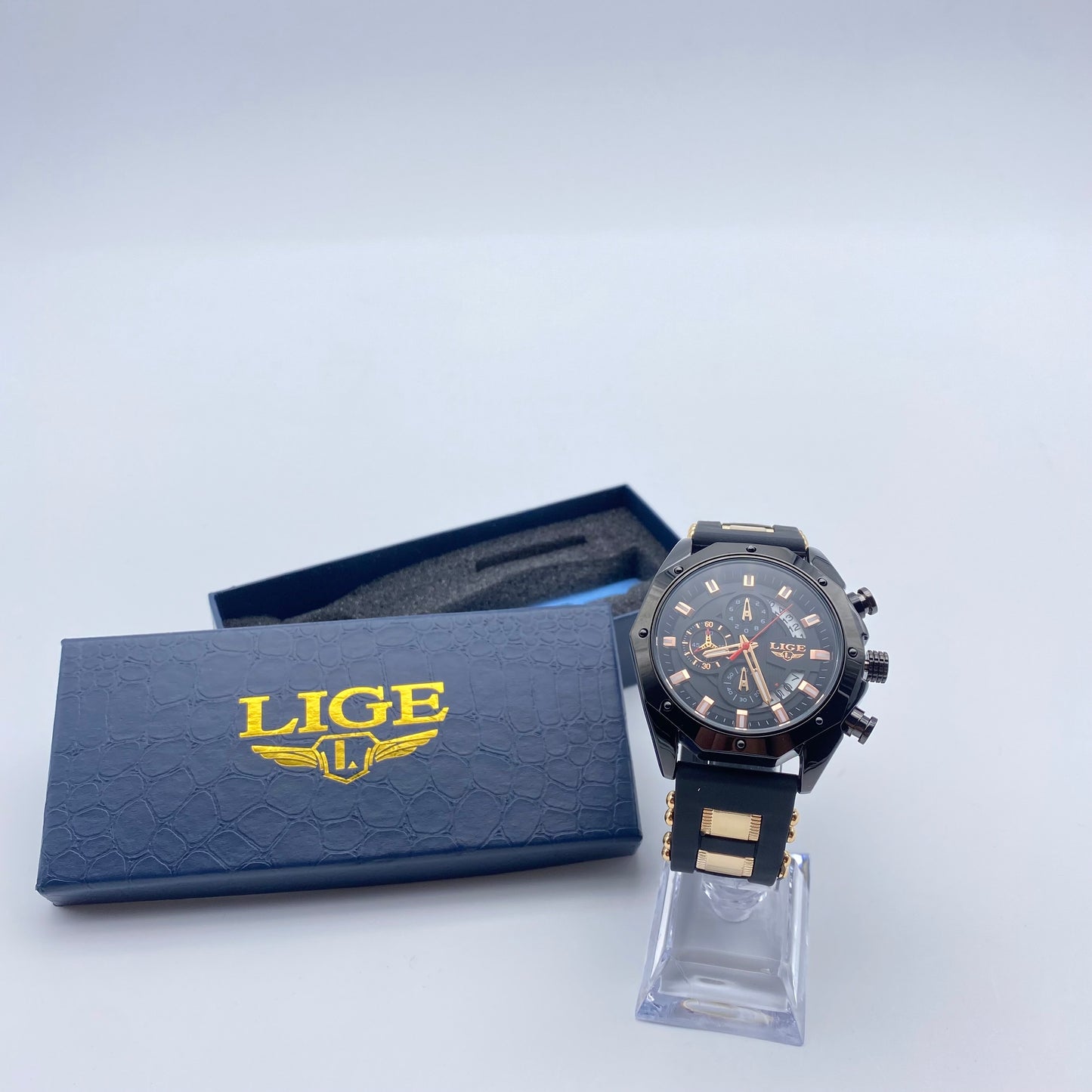 LIGE Watch 46mm Black Dial Quartz Movement with Chronograph Water Resistant 