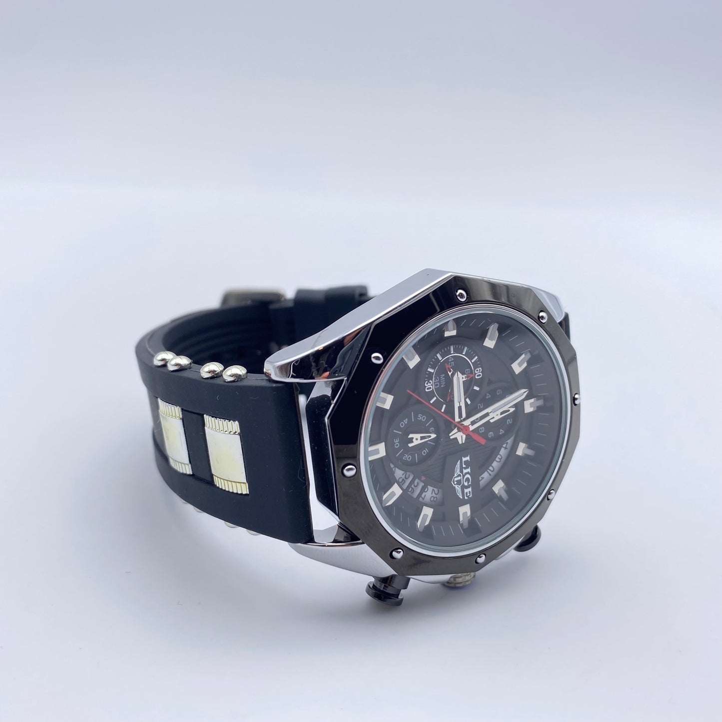 Montre LIGE Cadran 46mm Noir mouvement Quartz avec Chronographe Résistante à l'eau