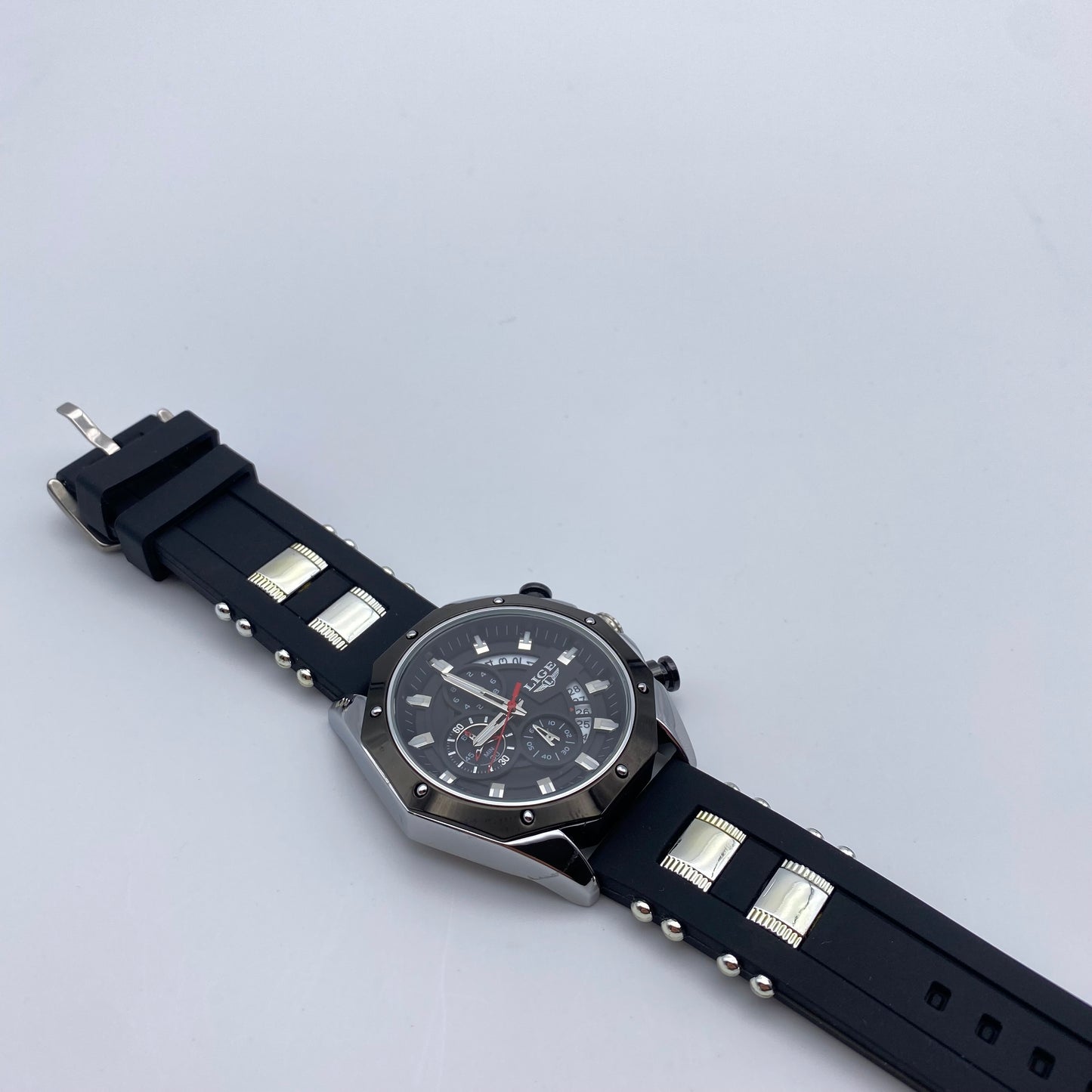 LIGE Watch 46mm Black Dial Quartz Movement with Chronograph Water Resistant 