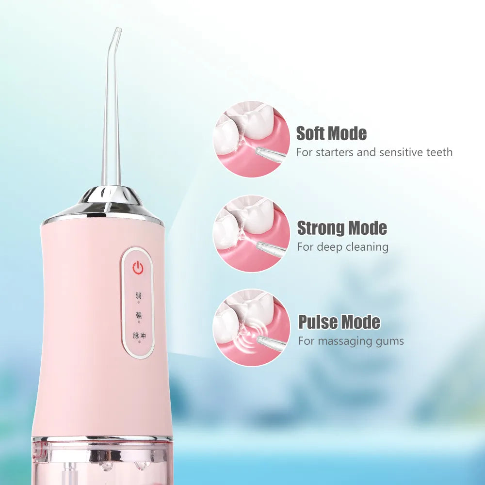 Portable Dental Water Flosser - USB Rechargeable Water Flosser with 4 Tips, 220ml, 3 Modes 