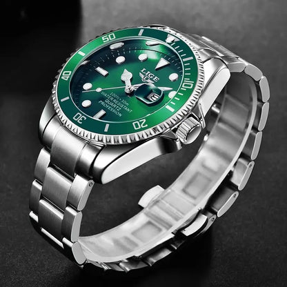 LIGE watch Dial 42mm Green movement Quartz Stainless steel Water resistant 