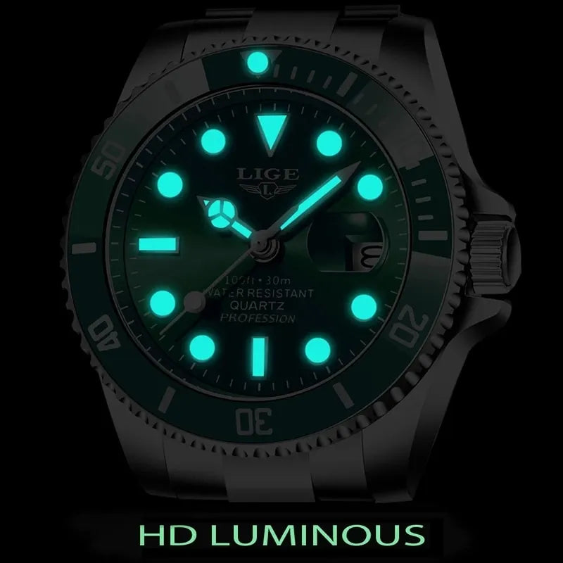 LIGE watch Dial 42mm Green movement Quartz Stainless steel Water resistant 