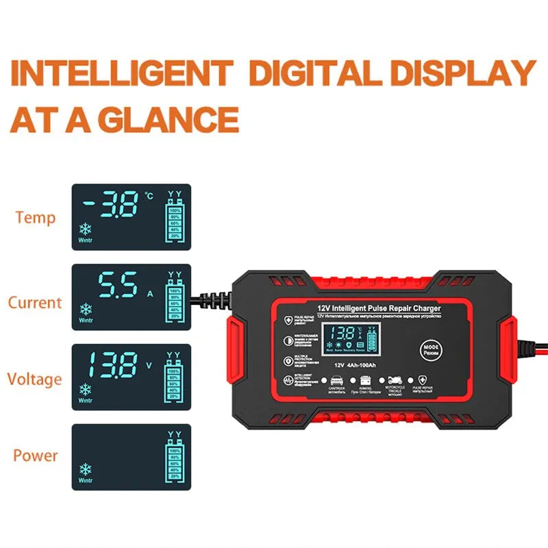 EAFC 12V 6A Intelligent Battery Charger with Pulse Repair and LCD Display