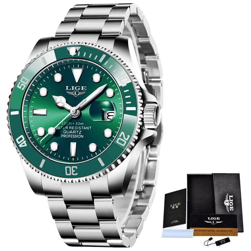 LIGE watch Dial 42mm Green movement Quartz Stainless steel Water resistant 